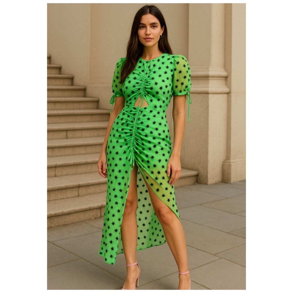 Alice McCall Green Apple Stardust Tulle Midi Dress Ruched Puff Sleeve 4 NWT